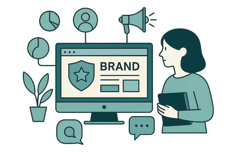 Diseño de branding y comunicación digital con ilustración de marca en pantalla y profesional de marketing