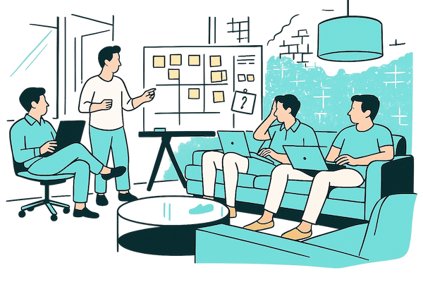 Ilustración de equipo creativo planificando campañas de marketing en una sala de reuniones
