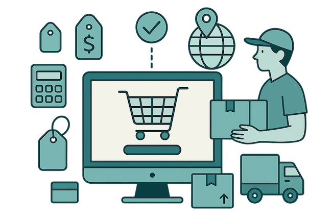 Ilustración de tienda online en pantalla con iconos de pago, envíos y etiquetas de precio