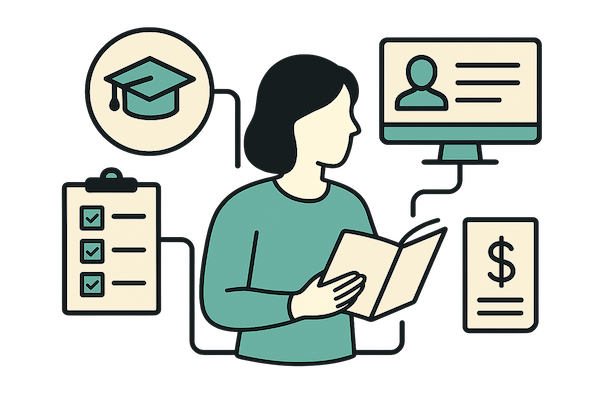 Ilustración de estudiante con documentos y elementos académicos como matrícula, seguimiento y pagos