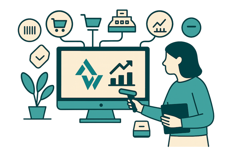Ilustración de ERP empresarial con integración de compras, ventas, inventario y finanzas sobre ALCWARE