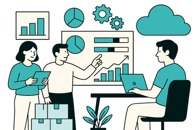 Ilustración de personas trabajando con gráficos y ordenadores en un entorno empresarial digital