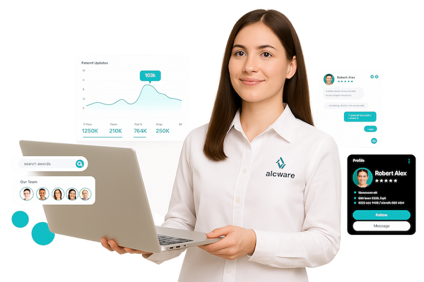 Mujer utilizando un portátil con gráficos y paneles digitales empresariales