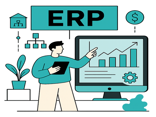 Ilustración de profesional usando sistema ERP en computador con gráficos y procesos empresariales