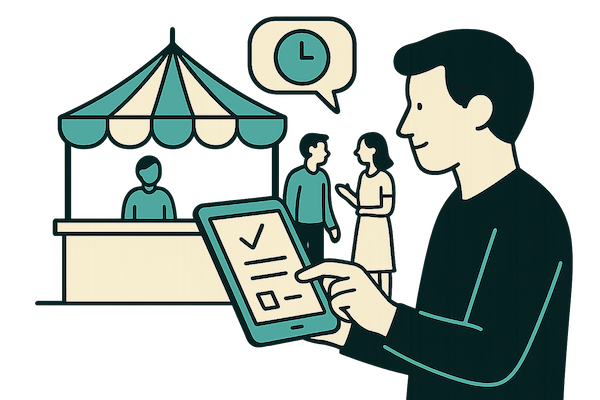 Ilustración de un hombre usando una tablet para gestionar ventas en un evento o feria con puestos y asistentes.