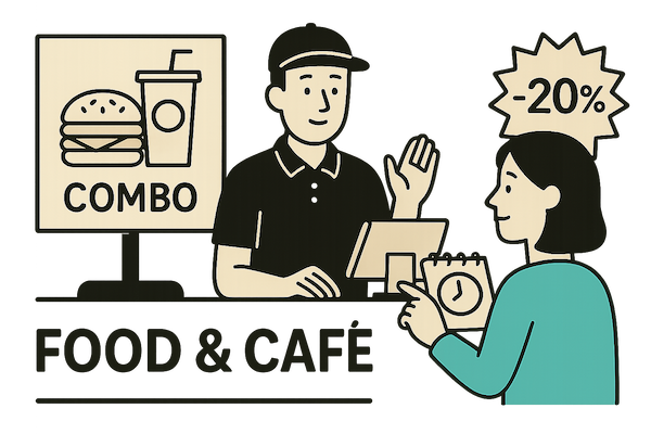 Ilustración de un cajero atendiendo a una clienta en un mostrador de comida rápida con un cartel de combo y un descuento del 20 por ciento.