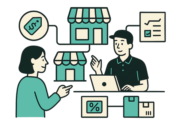 Ilustración de una clienta y un encargado gestionando múltiples tiendas de franquicia conectadas mediante un sistema centralizado.