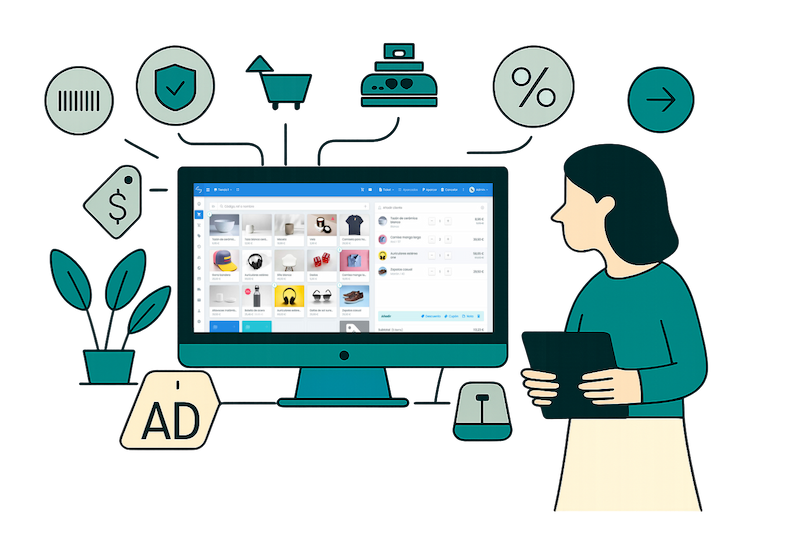 Mujer usando un ordenador con interfaz de punto de venta y elementos de comercio como precios, carrito y lector.