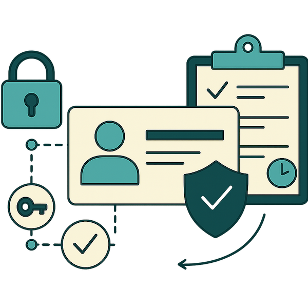 Ilustración sobre permisos y trazabilidad con candado, ficha de usuario y escudo de seguridad
