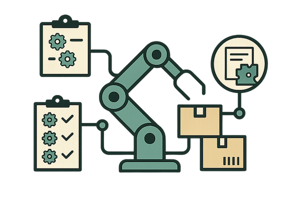 Ilustración de un brazo robótico moviendo cajas con listas de control y gestión logística en almacén.