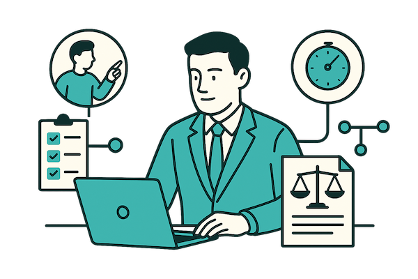 Hombre frente a laptop con iconos de tareas, reloj y contratos, representando gestión de proyectos y servicios profesionales.