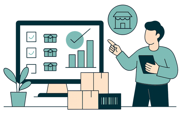 Ilustración de retail y distribución con gestión de inventario y ventas omnicanal