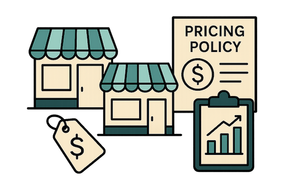 Ilustración de tres tiendas minoristas con una etiqueta de precio y un cartel de políticas de precios junto a un gráfico de ventas.