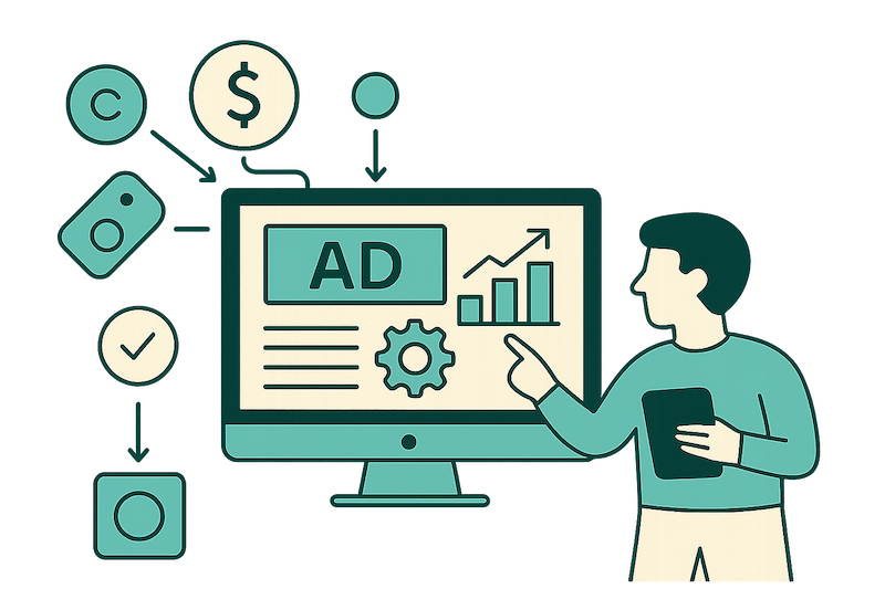 Ilustración de analítica y anuncios en ordenador representando campañas de pago SEM
