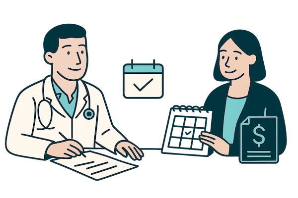 Ilustración de servicios profesionales con médico y gestora organizando proyectos y facturación