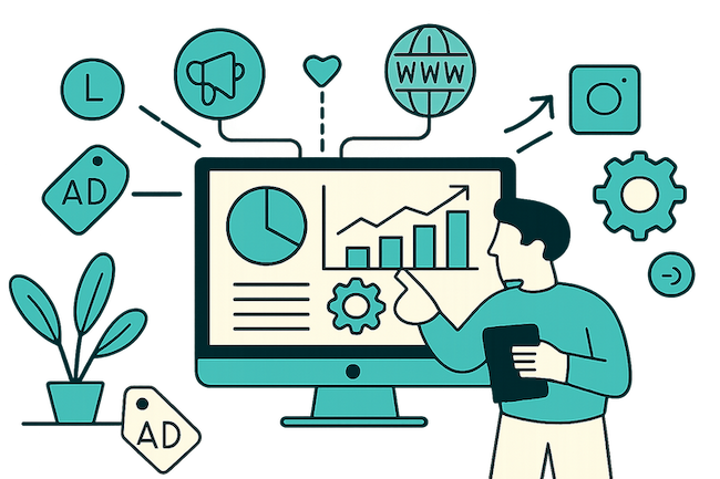 Ilustración de una persona frente a una pantalla con gráficos y elementos tecnológicos representando soluciones digitales