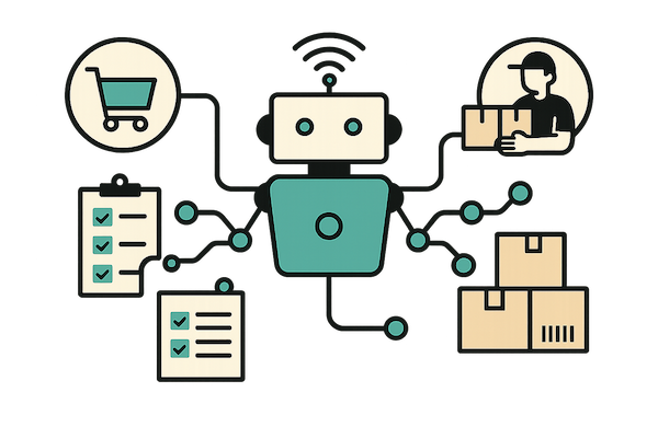 Ilustración de trazabilidad con robot conectando compras, producción y logística