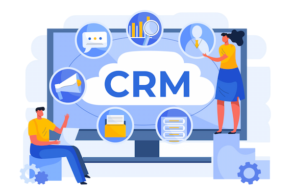 CRM para gestión de clientes y ventas | Alcware de Alice Solutions Ilustración de personas utilizando un sistema CRM en una pantalla con iconos de comunicación y gestión de clientes