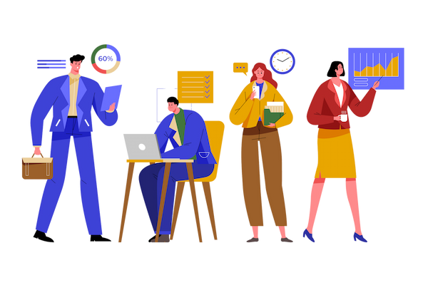 Software para casas de cambio en la nube | Alcware de Alice Solutions Ilustración de profesionales financieros analizando gráficos y operando con ordenadores en una casa de cambio