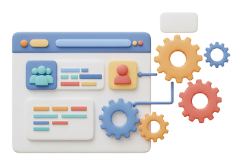Ilustración de ventana web con engranajes y elementos de configuración.