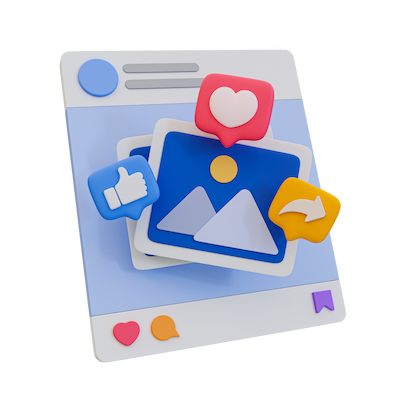 Publicaciones sociales con iconos de likes, comentarios e imágenes superpuestas