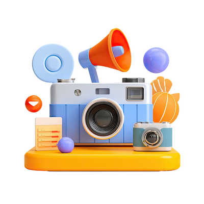 Cámara de fotos con megáfono y elementos creativos sobre una plataforma