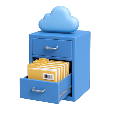 Ilustración de archivador con carpetas y nube que representa organización de catálogo de productos