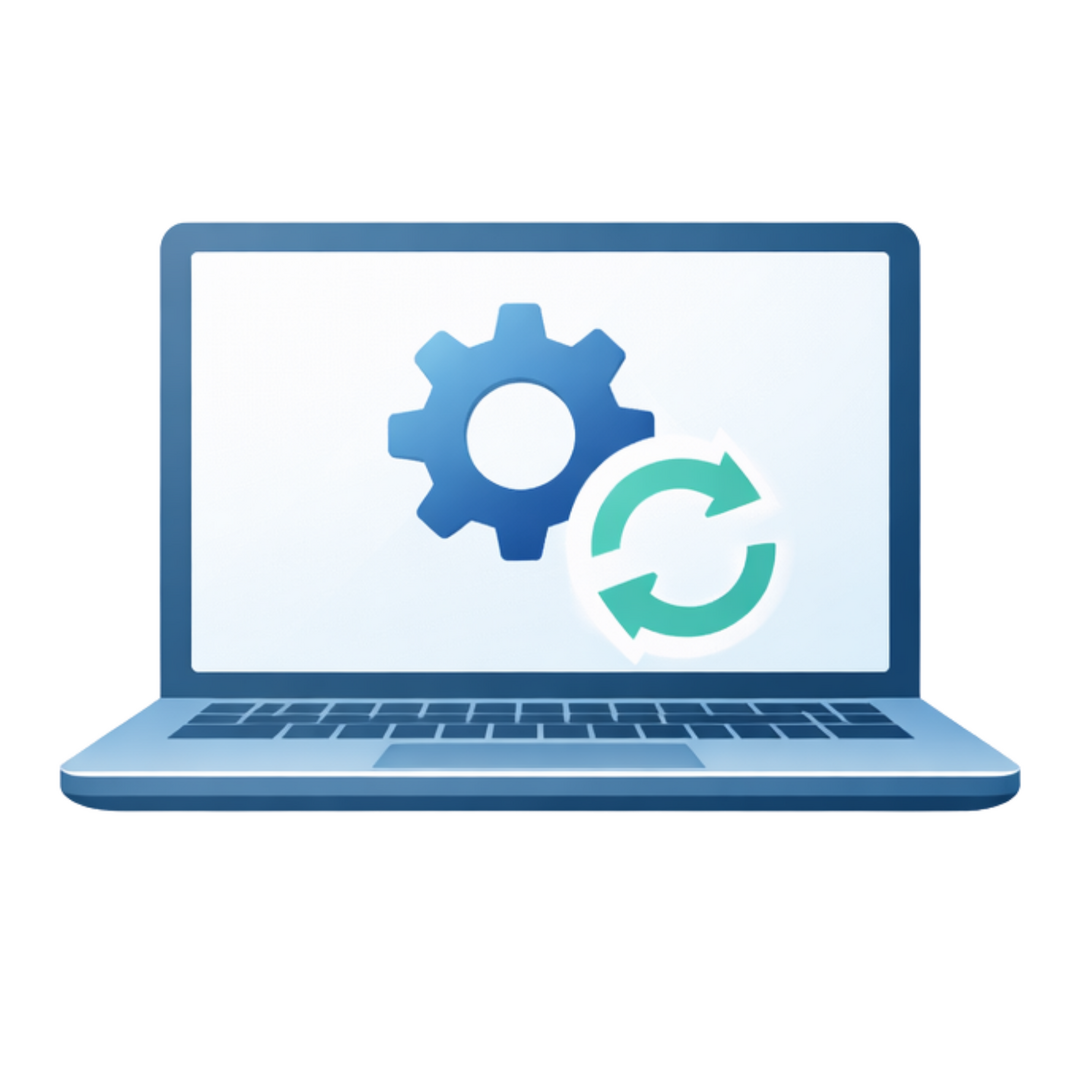 Ilustración de un ordenador portátil con iconos de engranaje y actualización en pantalla que representan configuración, mantenimiento y actualización de sistemas informáticos.