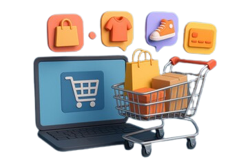 Carrito de compras sobre un portátil con iconos de ropa y accesorios alrededor.