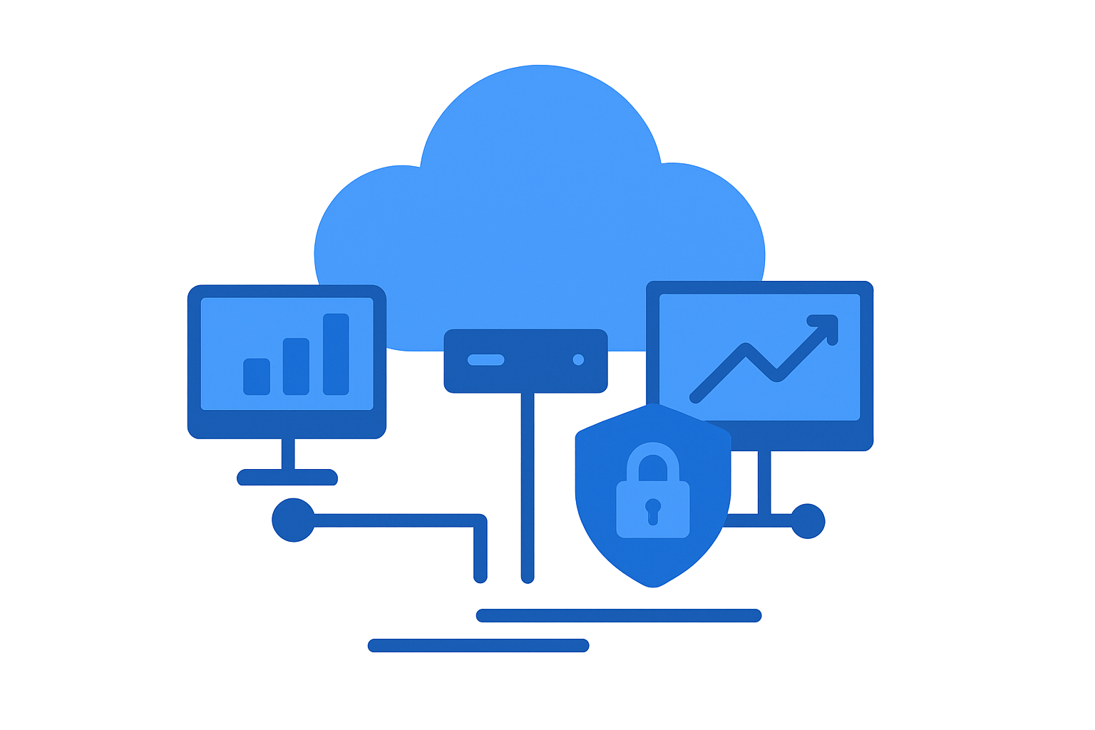 Ilustración azul de nube conectada a dispositivos digitales con gráficos y candado, simbolizando gestión de remesas seguras en la nube