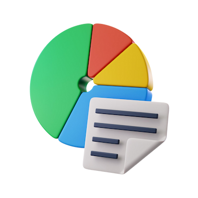 Icono de informe frente a gráfico circular de colores.
