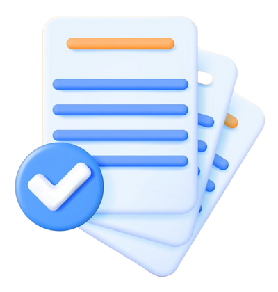 Ilustración de documentos apilados con un icono de verificación azul, representando reportes y registros de operaciones financieras