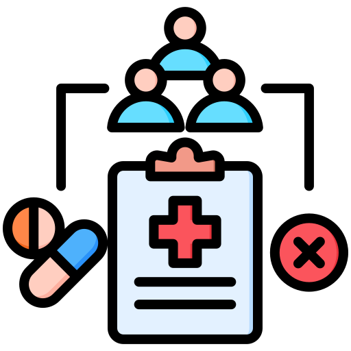 Ilustración de gestión médica con pacientes, medicamentos y una ficha clínica