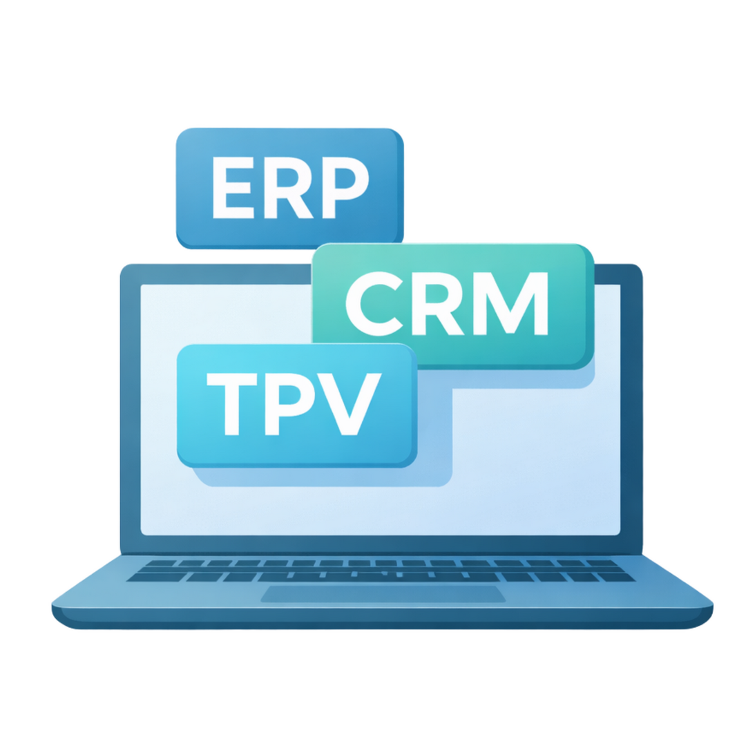 Ilustración de un ordenador portátil con módulos de software ERP, CRM y TPV que representan sistemas de gestión empresarial integrados.