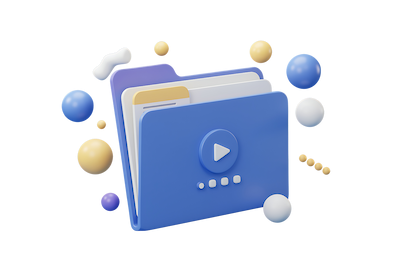 Ilustración de una carpeta con iconos gráficos y multimedia flotando alrededor