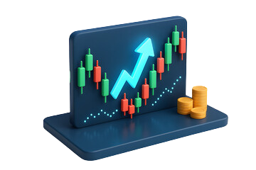 Portátil azul con gráfica de crecimiento y monedas apiladas al lado.