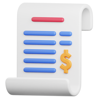 Icono de un comprobante o factura con líneas de texto y símbolo de dólar en un documento enrollado.