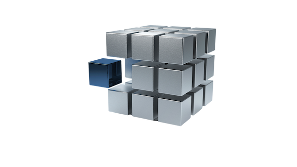 Cubo metálico con un bloque azul saliente que simboliza automatización de procesos