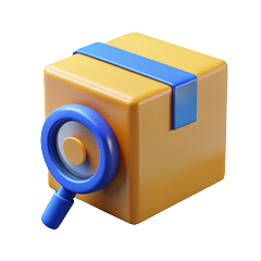 Caja amarilla con lupa azul apoyada en un lateral.