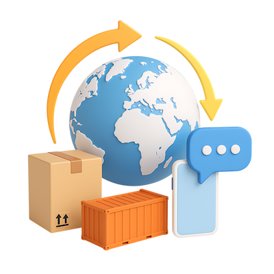 Ilustración de cajas de envío con globo terráqueo y burbuja de chat representando logística y entregas