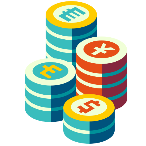 Ilustración de monedas de divisas apiladas representando operaciones financieras internacionales