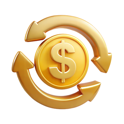 Ilustración dorada de un símbolo de dólar rodeado por flechas circulares que representan transacciones y flujo de dinero