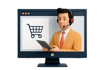 Ilustración de un agente atendiendo desde una computadora con un carrito de compra en la pantalla