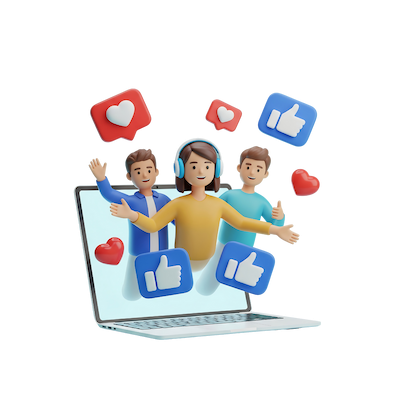 Ilustración de creatividades para redes sociales con personas interactuando frente a un portátil con iconos de likes y corazones