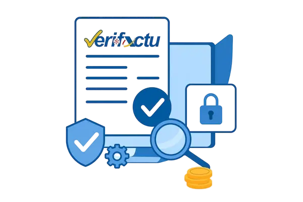 Ilustración de un documento digital con el logo de VeriFactu, acompañado de iconos de seguridad, engranajes, lupa y un escudo con marca de verificación.