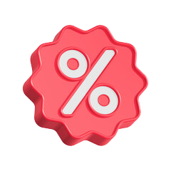 Figura roja en forma de sello con un símbolo de porcentaje blanco al centro.