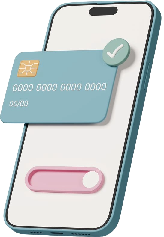 Ilustración de un smartphone con tarjeta bancaria y verificación, representando control de envíos y registro de operaciones financieras