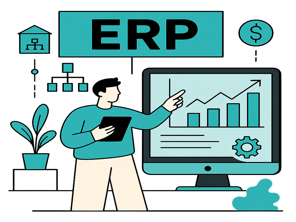 Ilustración de profesional usando sistema ERP en computador con gráficos y procesos empresariales