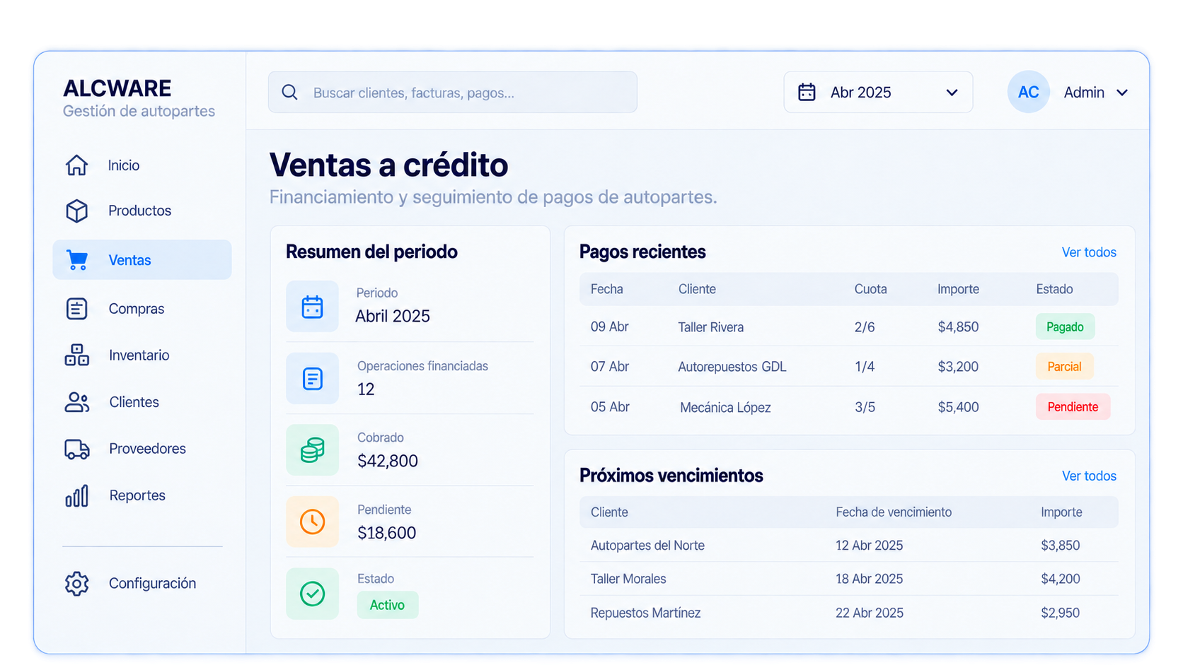 Panel de ALCWARE Gestión de Autopartes para controlar ventas a crédito, financiación de repuestos, seguimiento de cuotas, pagos pendientes y próximos vencimientos.